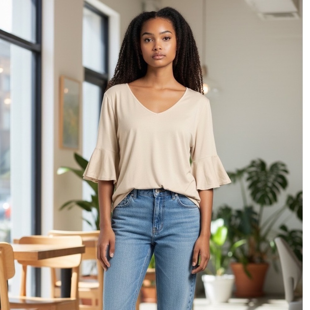 Women’s V-Neck Ruffle Sleeve Top in Beige